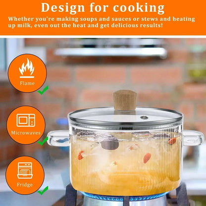 Glass Cooking Pot with Lid 1.6L/54oz Heat Resistant Glass Saucepan with Double Handles Non-Stick Borosilicate Glass Stovetop Pot Safe Clear Cooking Pot for Soup Milk Sauce Pasta Noodle
