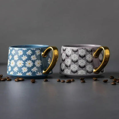 Thyme & Table 4 Pack Blue and Purple Daisy Print Teacup Mugs with Gold Handles 11.8 fl oz, Stoneware