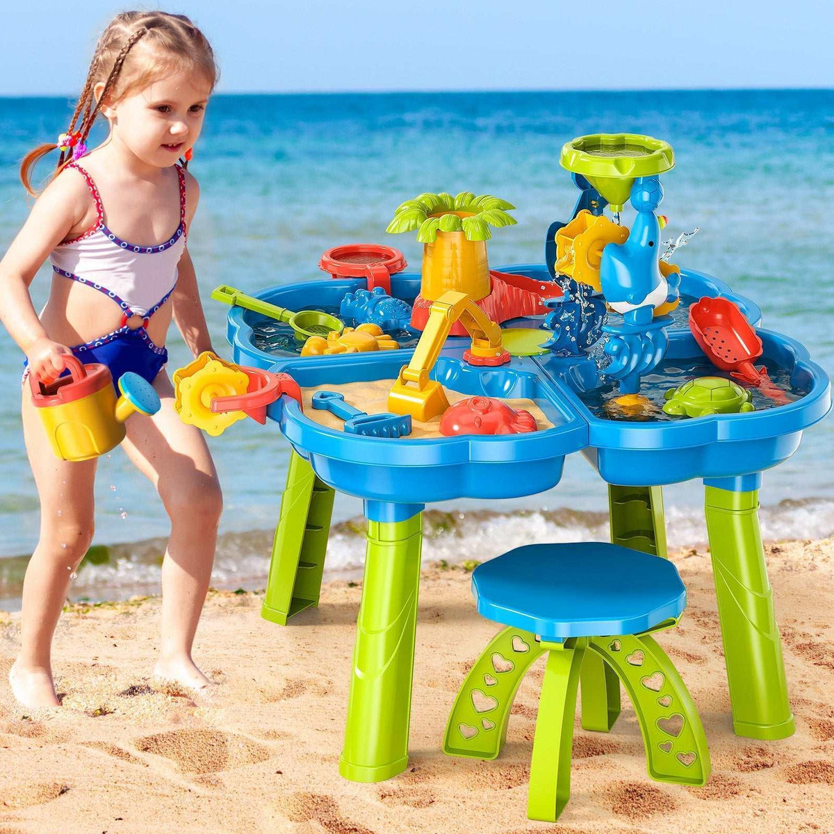 Dinosaur Planet Sand Water Table for Toddlers, 4 in 1 Sand Table and Water Play Table, Kids Table Activity Sensory Play Table Beach Sand Water Toy for Outdoor Backyard for Toddlers Age 2-4 Gift