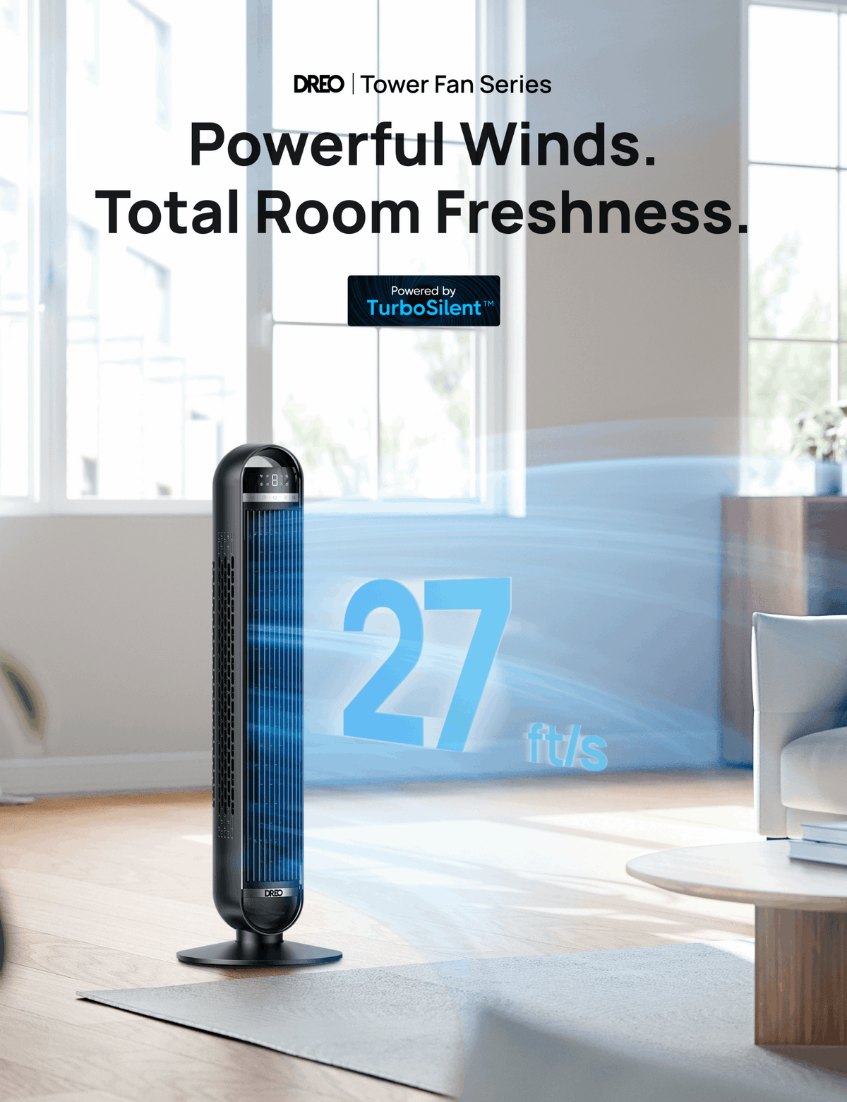 DREO Tower Fan, 27ft/s Velocity Quiet Floor Fan, 90° Oscillating Fans for Indoors with 8 Speeds, 4 Modes, Remote Control, Standing Fans, Bladeless Fan, Black, Nomad DC