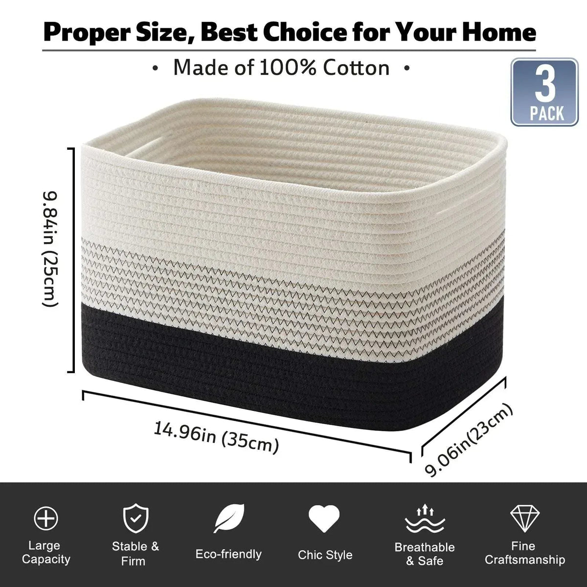 CHERISHGARD Storage Basket, Laundry Basket 3 Pieces, Woven Baskets for Storage for Toys, Towel