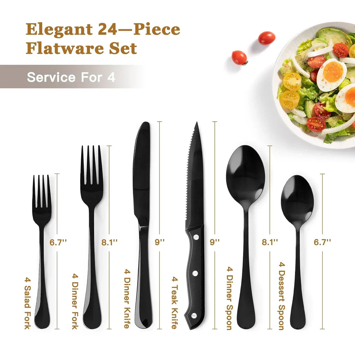 Astercook Black Silverware Set with Steak Knives, Black Flatware Set for 4, Food-Grade Stainless Steel Tableware Cutlery Set, Eating Mirror Polished Utensil Set for Home Restaurant