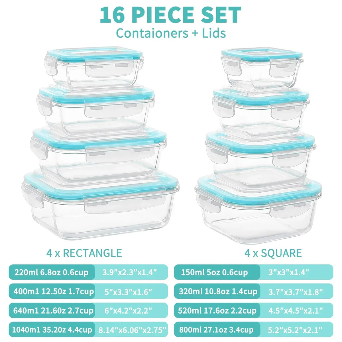 16 Pcs Glass Food Storage Containers , Meal Prep , Airtight Bento Boxes with Leak Proof Locking Lids, Microwave/Oven/Freezer/Dishwasher Safe, BPA Free
