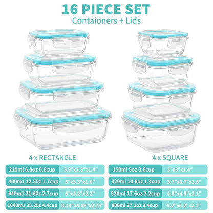 16 Pcs Glass Food Storage Containers , Meal Prep , Airtight Bento Boxes with Leak Proof Locking Lids, Microwave/Oven/Freezer/Dishwasher Safe, BPA Free
