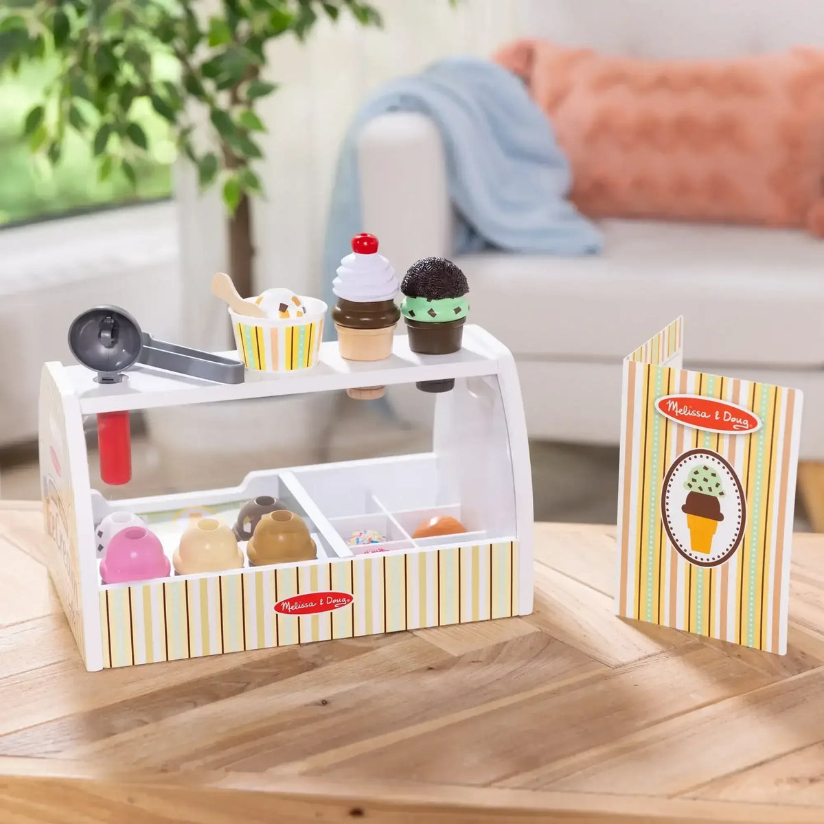 Melissa & Doug Wooden Scoop and Serve Ice Cream Counter With Play Food and Accessories (28 Pcs)