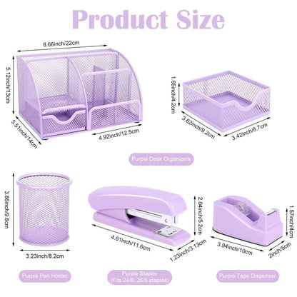 Aertyole Purple Mesh Desk Organizer and Accessories, Purple Office Supplies 7 Compartments Desk Organizer with Stapler, Tape Dispenser, 1000 Staples, Pen Holder, Staple Remover, Clips, Ruler, Scissor