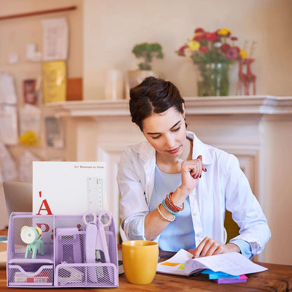 Aertyole Purple Mesh Desk Organizer and Accessories, Purple Office Supplies 7 Compartments Desk Organizer with Stapler, Tape Dispenser, 1000 Staples, Pen Holder, Staple Remover, Clips, Ruler, Scissor
