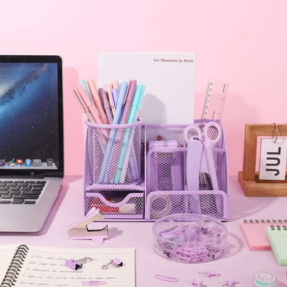 Aertyole Purple Mesh Desk Organizer and Accessories, Purple Office Supplies 7 Compartments Desk Organizer with Stapler, Tape Dispenser, 1000 Staples, Pen Holder, Staple Remover, Clips, Ruler, Scissor