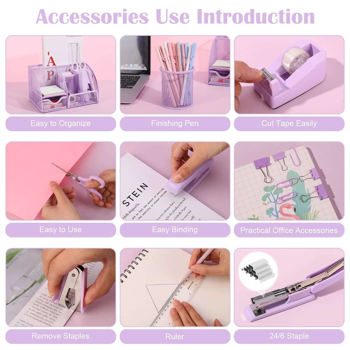 Aertyole Purple Mesh Desk Organizer and Accessories, Purple Office Supplies 7 Compartments Desk Organizer with Stapler, Tape Dispenser, 1000 Staples, Pen Holder, Staple Remover, Clips, Ruler, Scissor