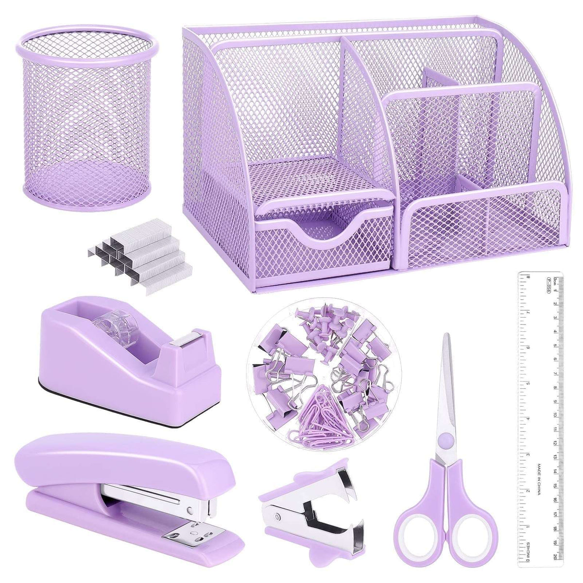 Aertyole Purple Mesh Desk Organizer and Accessories, Purple Office Supplies 7 Compartments Desk Organizer with Stapler, Tape Dispenser, 1000 Staples, Pen Holder, Staple Remover, Clips, Ruler, Scissor