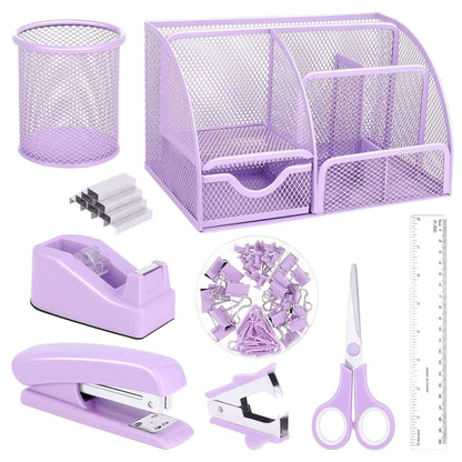 Aertyole Purple Mesh Desk Organizer and Accessories, Purple Office Supplies 7 Compartments Desk Organizer with Stapler, Tape Dispenser, 1000 Staples, Pen Holder, Staple Remover, Clips, Ruler, Scissor
