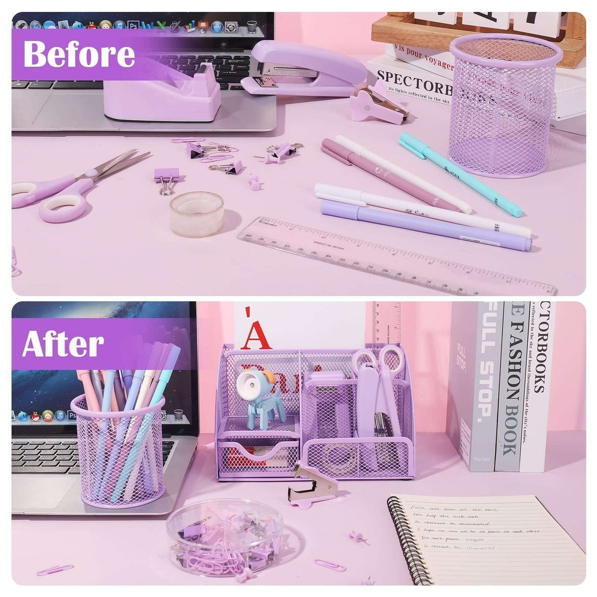 Aertyole Purple Mesh Desk Organizer and Accessories, Purple Office Supplies 7 Compartments Desk Organizer with Stapler, Tape Dispenser, 1000 Staples, Pen Holder, Staple Remover, Clips, Ruler, Scissor