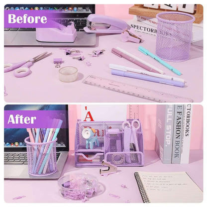 Aertyole Purple Mesh Desk Organizer and Accessories, Purple Office Supplies 7 Compartments Desk Organizer with Stapler, Tape Dispenser, 1000 Staples, Pen Holder, Staple Remover, Clips, Ruler, Scissor