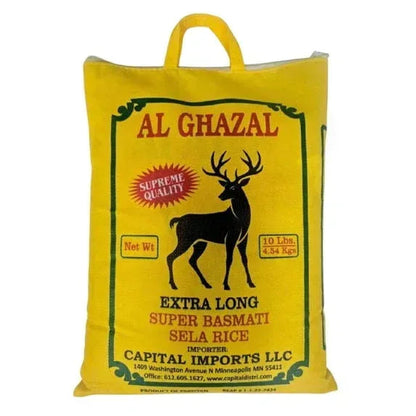 Al Ghazal Basmati Sela Rice Extra Long Super Basmati sela 10 Lbs / 4.54 kg, Non GMO, Extra Long Basmati Rice, White Rice, Vegan Dried Rice, BPA & Gluten Free, Zip Lock Bag, Non Sticky Grain