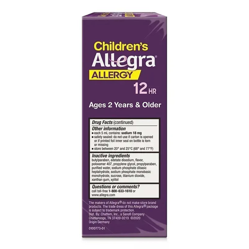 Allegra Children’s Dye-Free 12-Hour Allergy Relief Liquid, 4 fl oz Bottles, 3 Pack