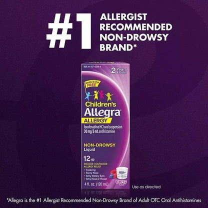 Allegra Children’s Dye-Free 12-Hour Allergy Relief Liquid, 4 fl oz Bottles, 3 Pack