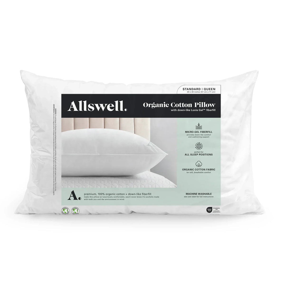 Allswell Organic Cotton Down-like Bed Pillow, Standard/Queen Pack of 2