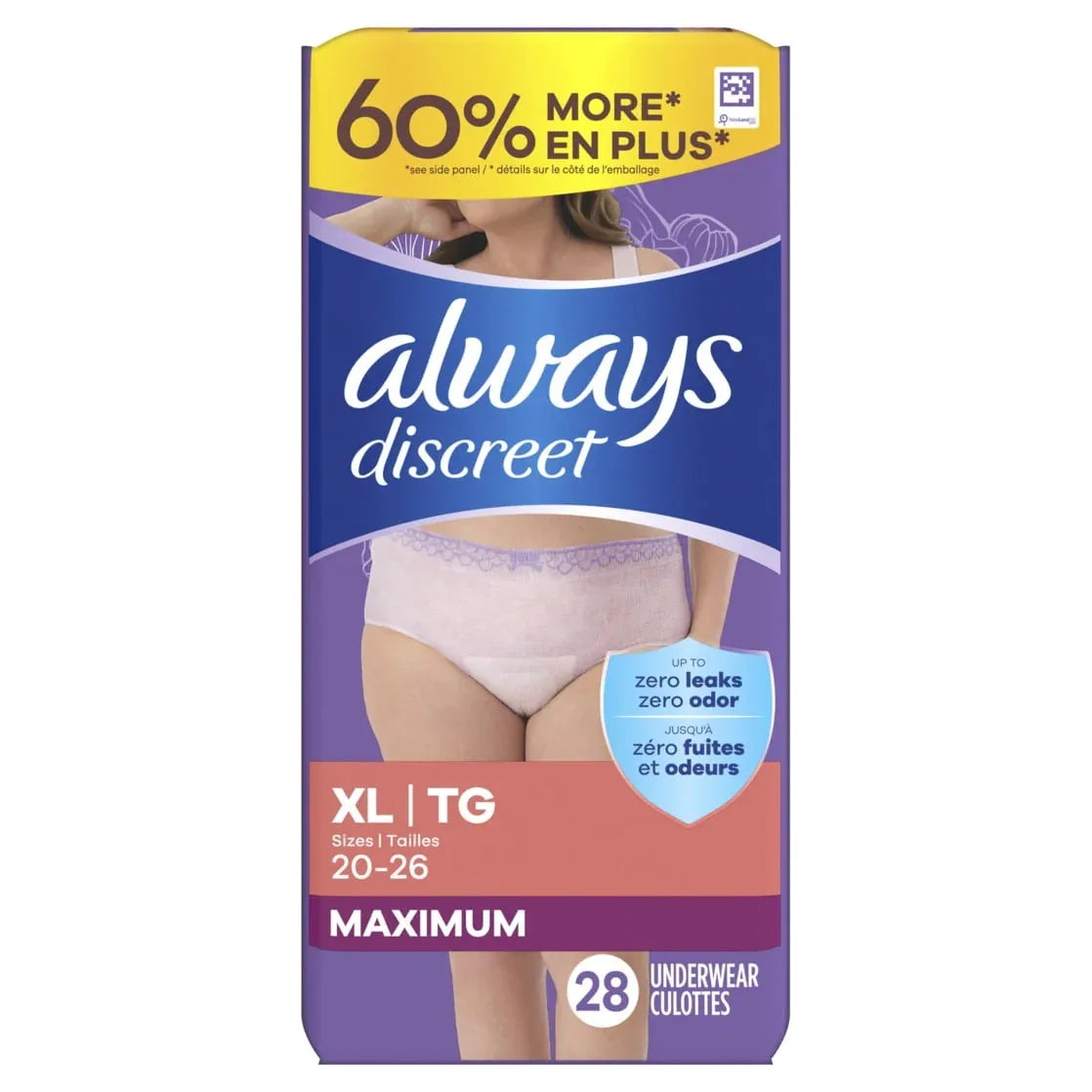 Always Discreet Adult Incontinence Underwear for Women and Postpartum Underwear, XL, Up to 100% Bladder Leak Protection, 28 Count