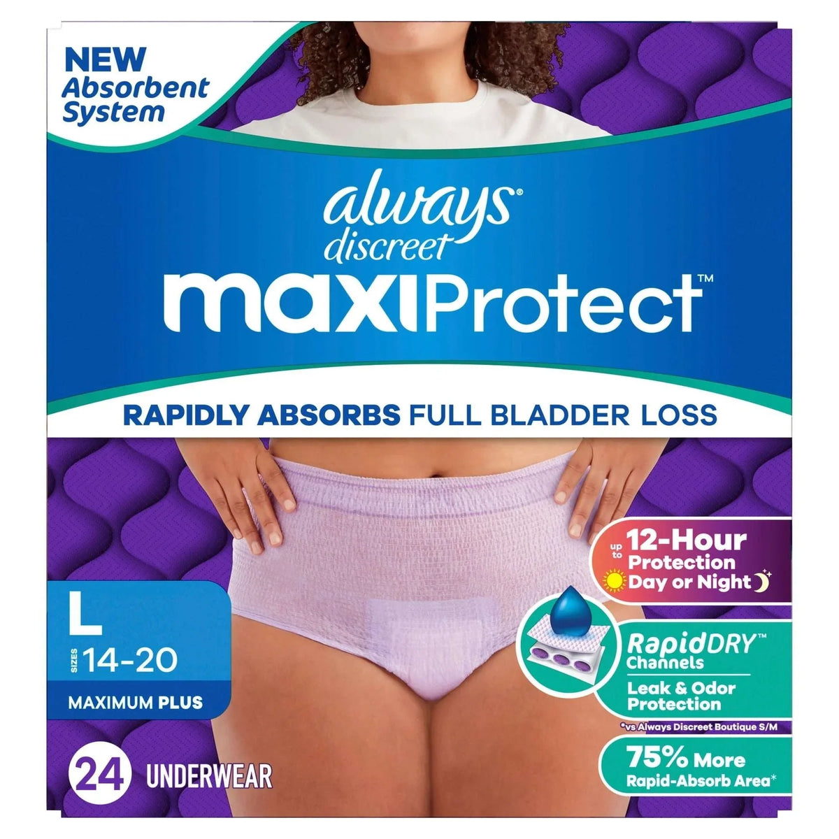 Always Discreet Adult Diapers for Women, MaxiProtect, Incontinence Underwear, Maximum Plus Absorbency, Size L, 24 Count
