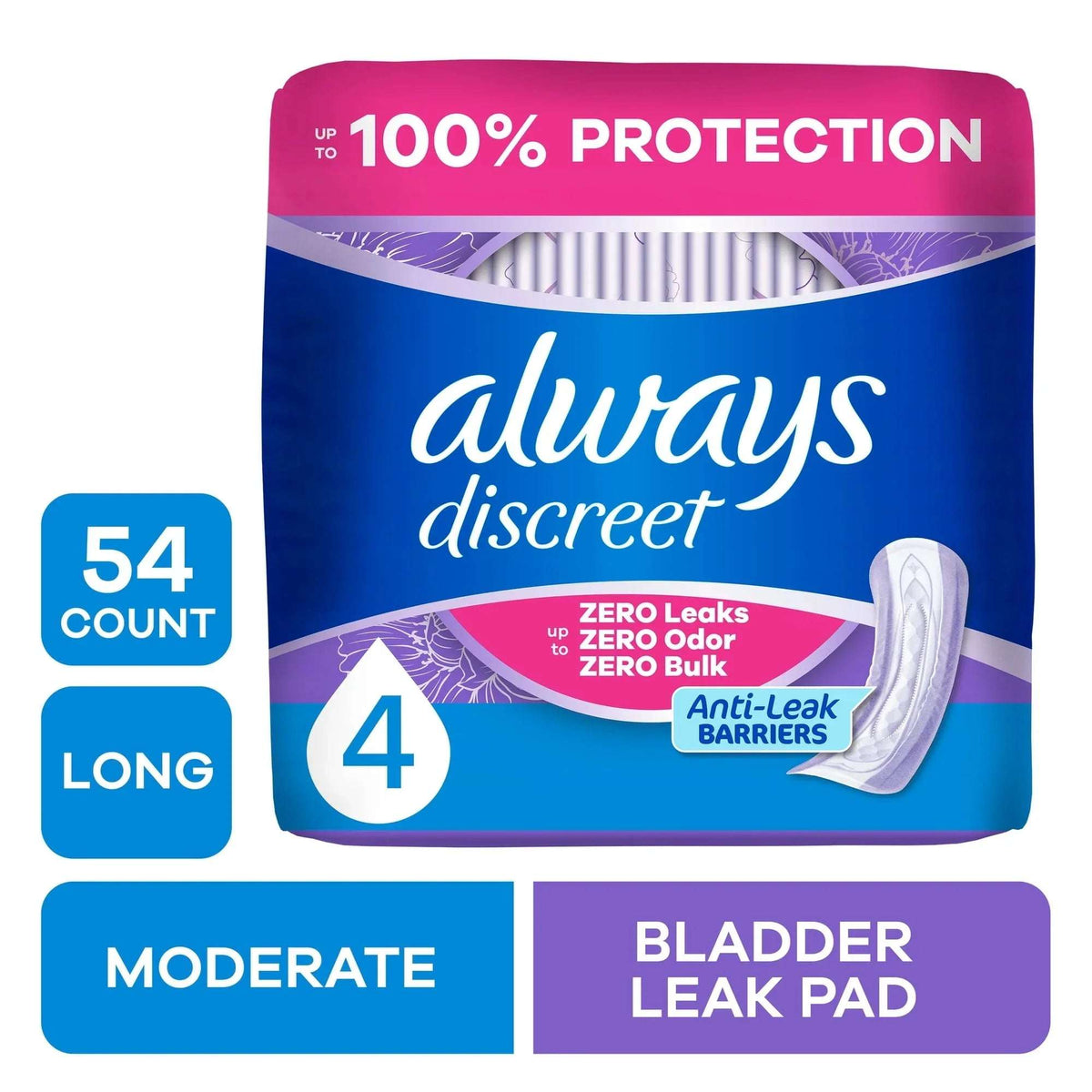Always Discreet Pads, Moderate Absorbency, Long54 Count