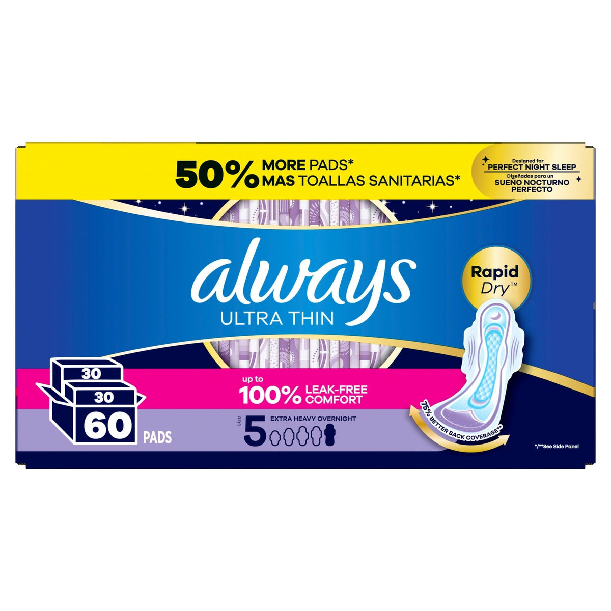 Always Ultra Thin Pads with Wings, Size 5, Extra Heavy Overnight Absorbency, 60 Count (PACK OF 3 )