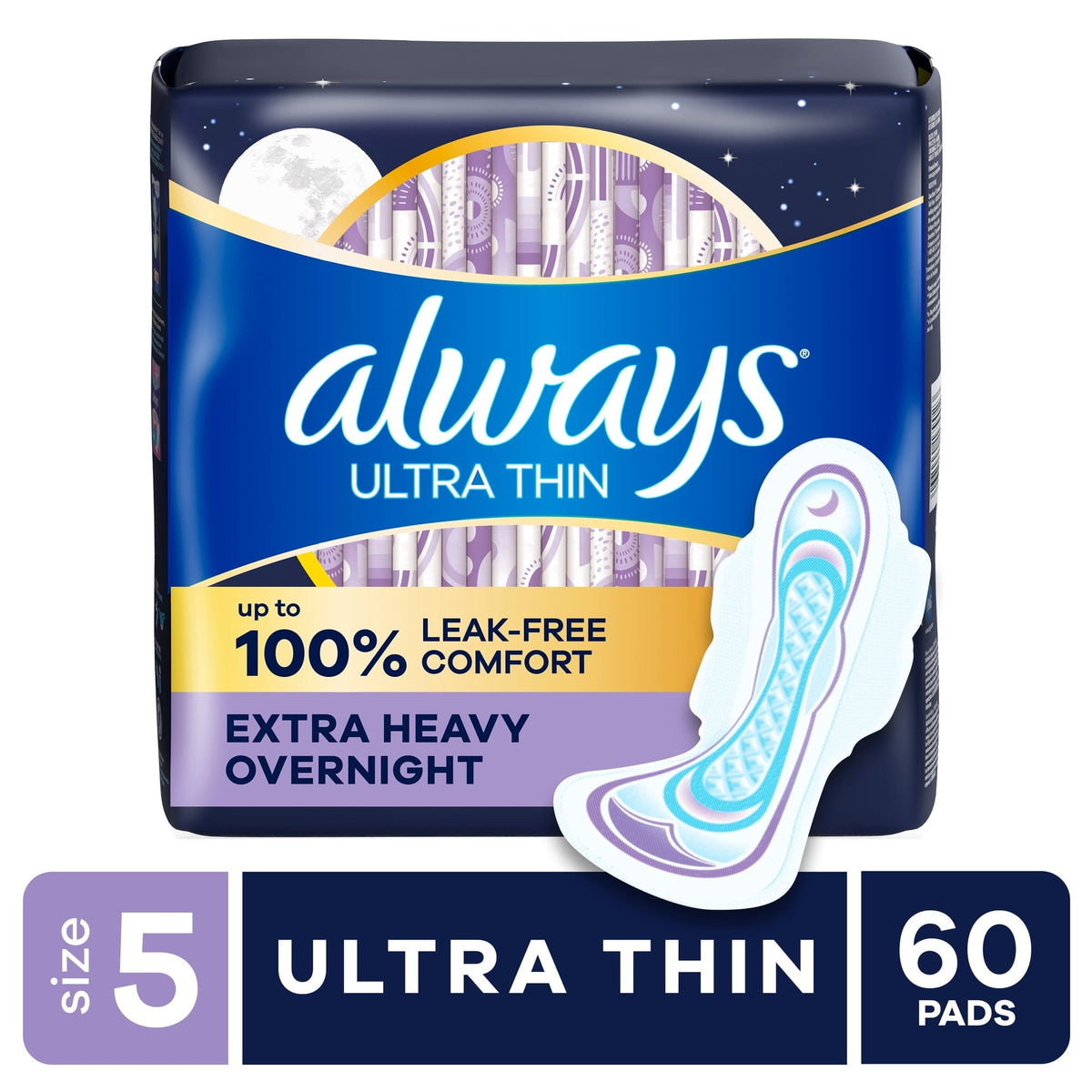 Always Ultra Thin Pads with Wings, Size 5, Extra Heavy Overnight Absorbency, 60 Count (PACK OF 3 )