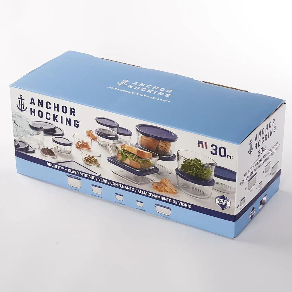 Anchor Hocking Glass Food Storage Containers with SnugFit Lids, 30 Piece Set