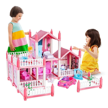 Anpro Pink Dollhouse Pretend Play Set for Kid, Big Villa Princess Castle, 5 Rooms Dollhouse with Doll Toy Figure for Boys and Girls Age 3+ Play House Gift Toys and Christmas