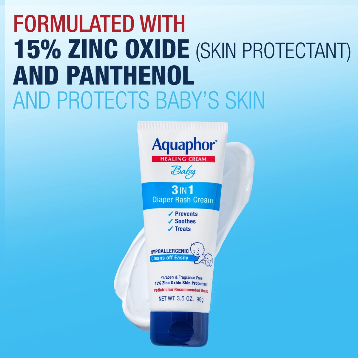 Aquaphor Baby Diaper Rash Cream with Zinc Oxide, Hypoallergenic, Paraben and Fragrance Free, 3.5 oz