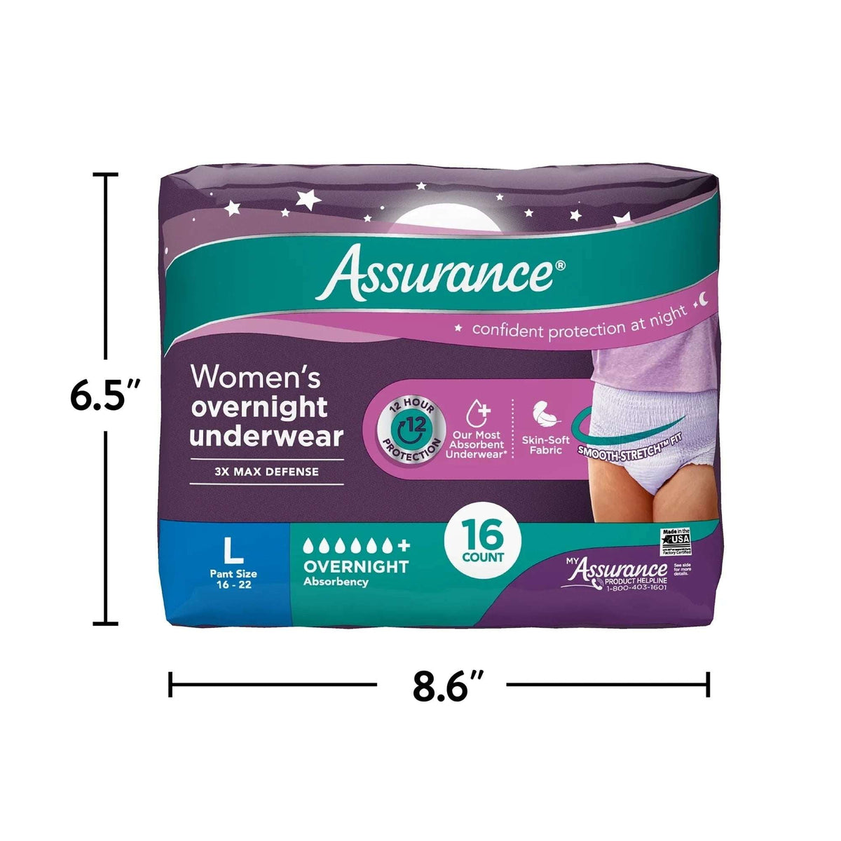 Assurance Women's Overnight Incontinence and Postpartum Underwear, L, Ultimate Absorbency, 16 Count