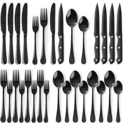 Astercook Black Silverware Set with Steak Knives, Black Flatware Set for 4, Food-Grade Stainless Steel Tableware Cutlery Set, Eating Mirror Polished Utensil Set for Home Restaurant