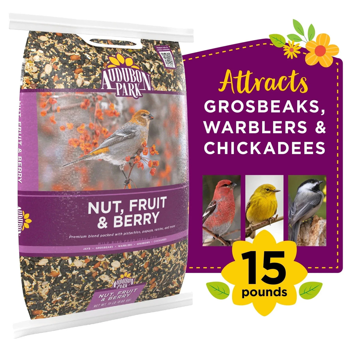 Audubon Park Nut, Fruit & Berry Wild Bird Food, Dry, 1 Count per Pack, 15 lb. Bag