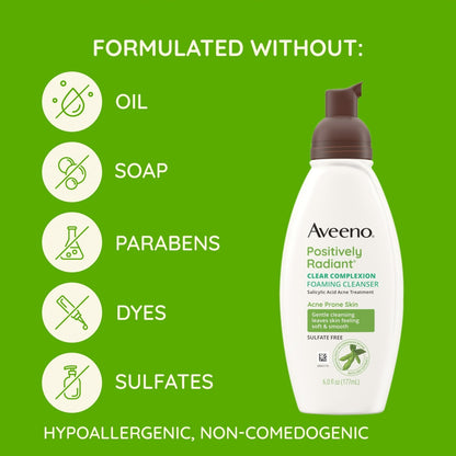 Aveeno Clear Complexion Foaming Facial Cleanser, Oil-Free Acne Face Wash, 6 fl. oz