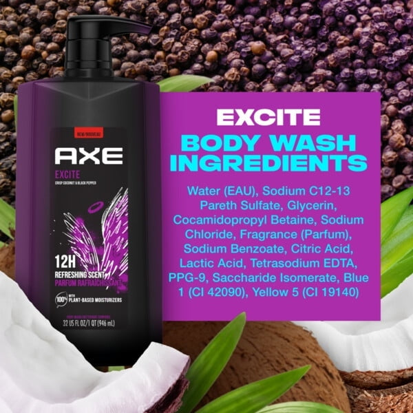 Axe Excite Refreshing Long Lasting Men's Body Wash All Skin Crisp Coconut & Black Pepper, 32 oz