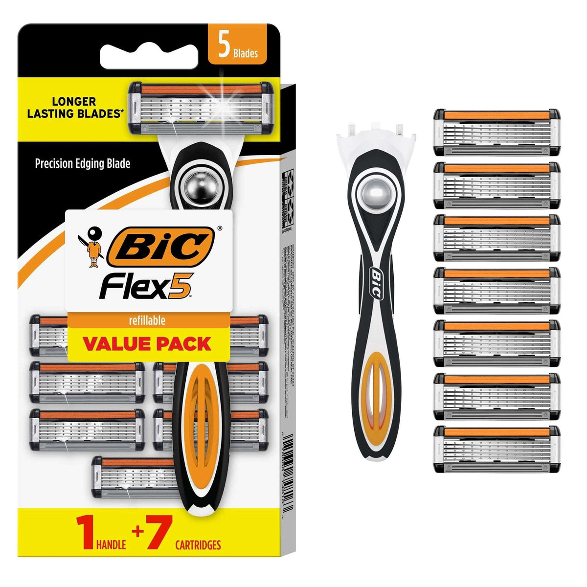 BIC Flex 5 Men's 5-Blade Refillable Manual Razors with 1 Handle and 7 Cartridges, Father's Day Gift for Men
