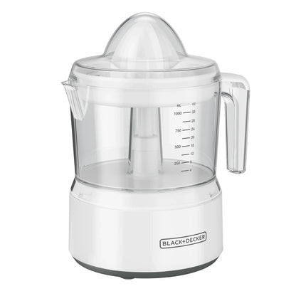 BLACK+DECKER Manual Citrus Juicer, 32 oz, White Plastic, Self-Reversing Cone