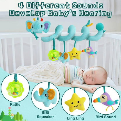 BUTOMKY Spiral Car Seat & Stroller Activity Toys for Babies 0-6 Months - Hanging Infant Toys with Rattles, Teether for Newborn Boys Girls