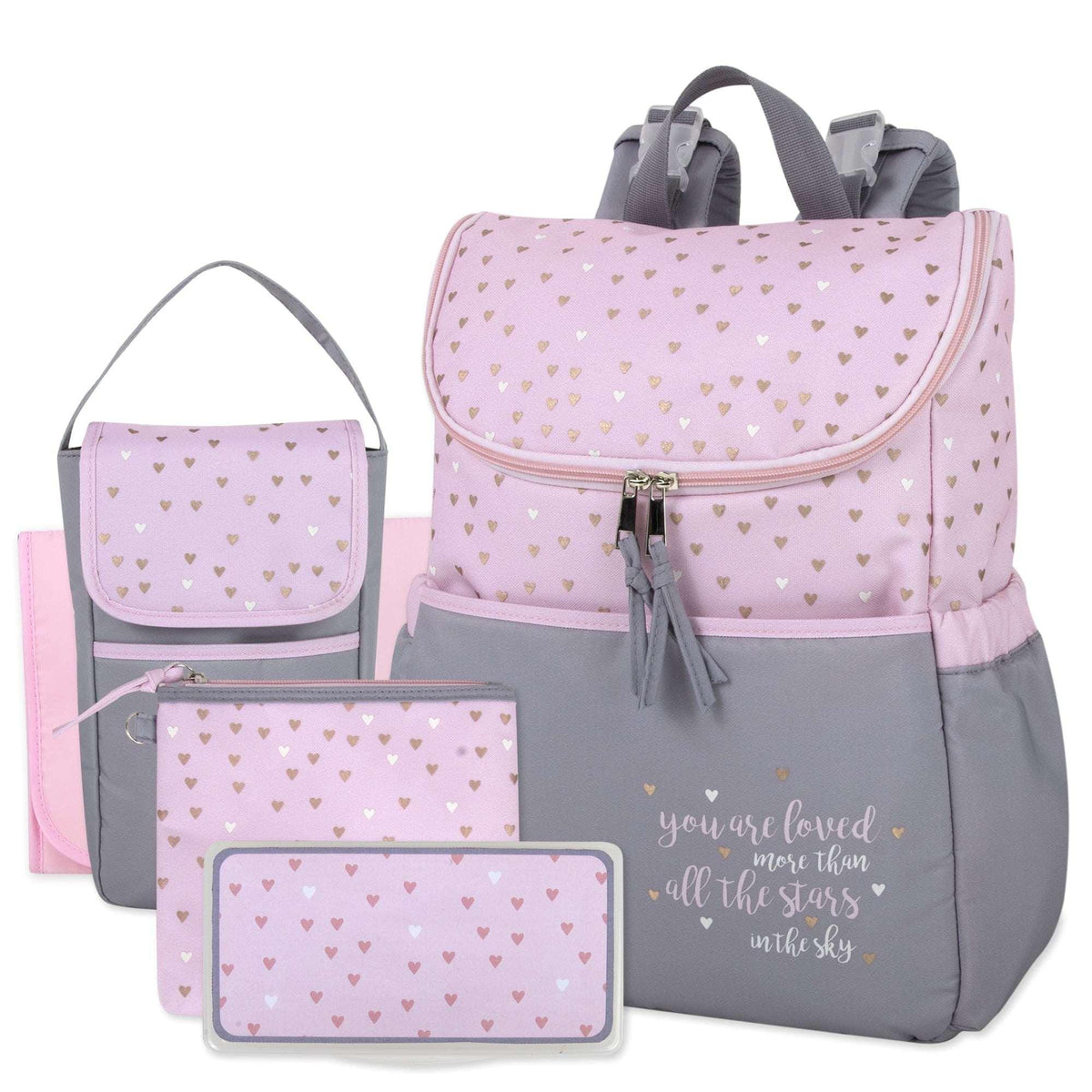 Baby Essentials 15.5”L 5 Piece Multi-Pocket Diaper Bag Backpack with Matching Changing Pad, Wipes Case, Insulated Bottle Bag & Organizer Pouch for Newborns, Infants & Toddlers in Blue & Gray Stars