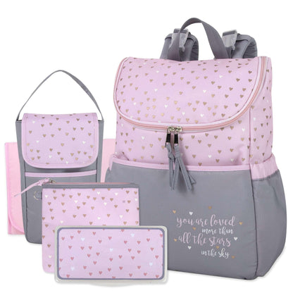 Baby Essentials 15.5”L 5 Piece Multi-Pocket Diaper Bag Backpack with Matching Changing Pad, Wipes Case, Insulated Bottle Bag & Organizer Pouch for Newborns, Infants & Toddlers in Blue & Gray Stars