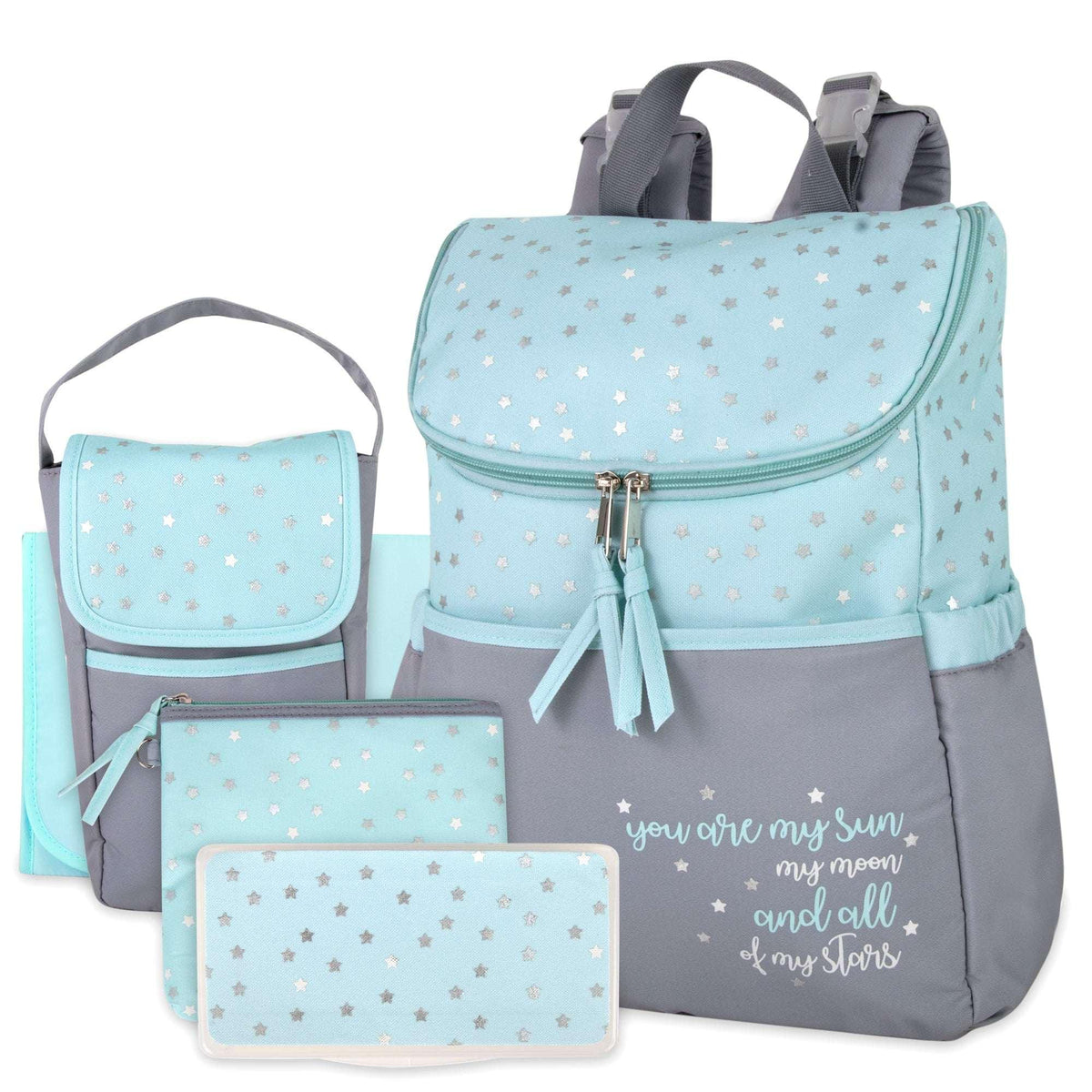 Baby Essentials 15.5”L 5 Piece Multi-Pocket Diaper Bag Backpack with Matching Changing Pad, Wipes Case, Insulated Bottle Bag & Organizer Pouch for Newborns, Infants & Toddlers in Blue & Gray Stars