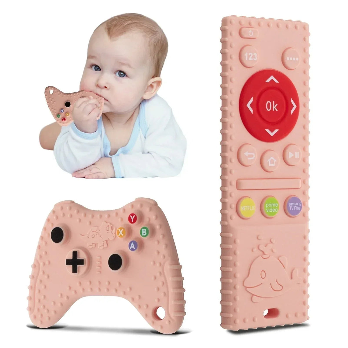 Baby Teething Toys, 2 Pcs Silicone Teething Toys for 3-6 month 6-12 Months - Sensory Toy Chew Toys Educational Toys for Toddler, Remote Control and Game Controller Teething Toys Set - Black