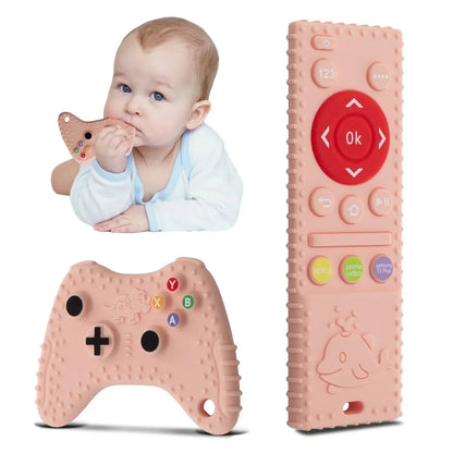 Baby Teething Toys, 2 Pcs Silicone Teething Toys for 3-6 month 6-12 Months - Sensory Toy Chew Toys Educational Toys for Toddler, Remote Control and Game Controller Teething Toys Set - Black
