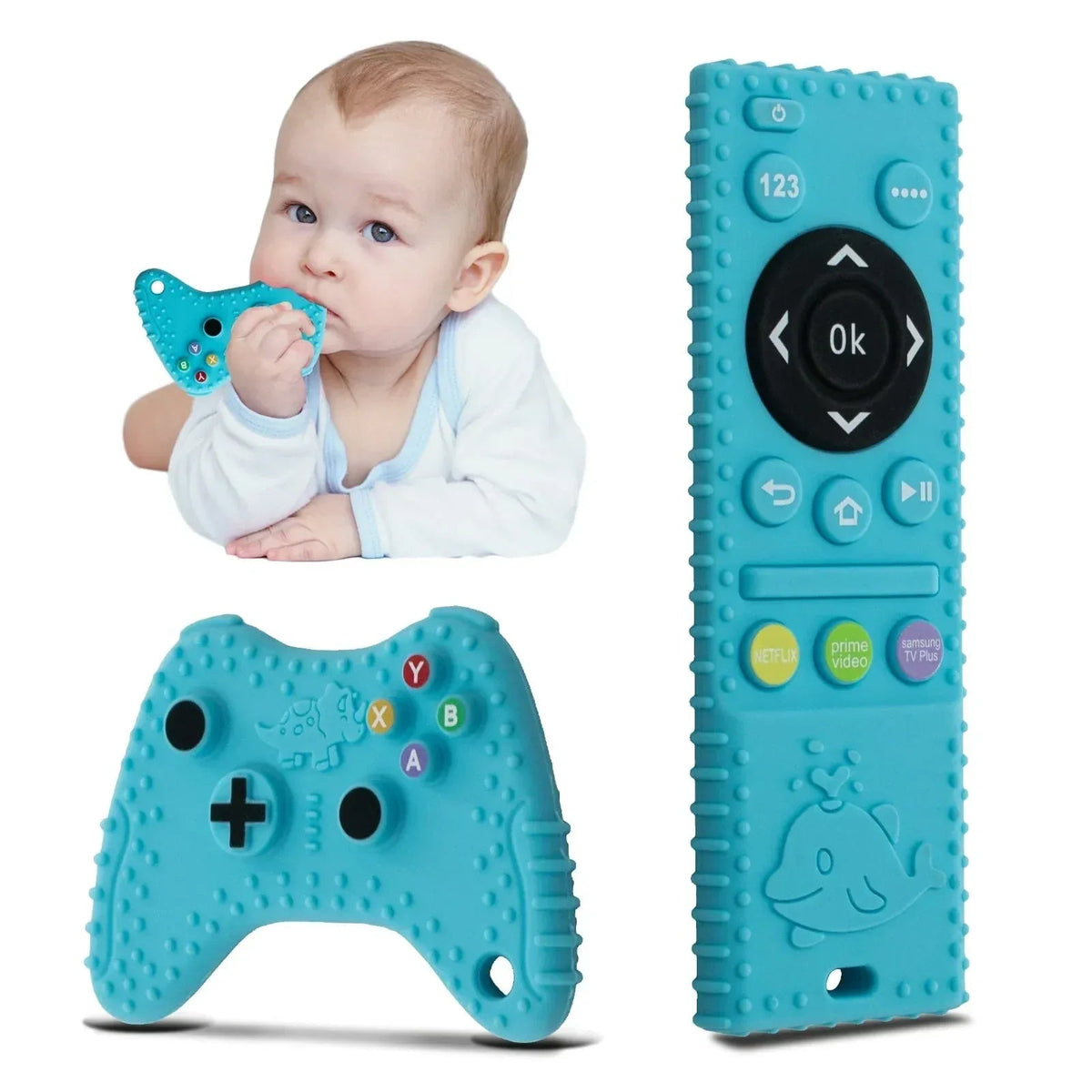Baby Teething Toys, 2 Pcs Silicone Teething Toys for 3-6 month 6-12 Months - Sensory Toy Chew Toys Educational Toys for Toddler, Remote Control and Game Controller Teething Toys Set - Black