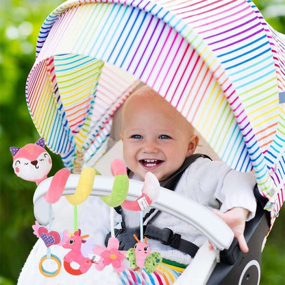 Baby Car Seat Toys, Stroller Toys, Car Seat Toys for Infants 0-6 Months, with Musical Owl Rattle Sheep Beep Ladybug Squeaker