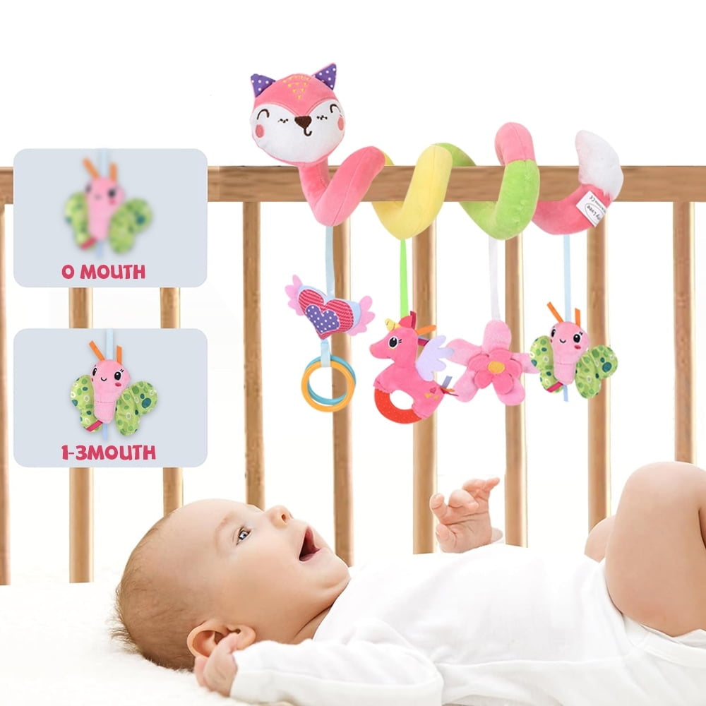 Baby Car Seat Toys, Stroller Toys, Car Seat Toys for Infants 0-6 Months, with Musical Owl Rattle Sheep Beep Ladybug Squeaker