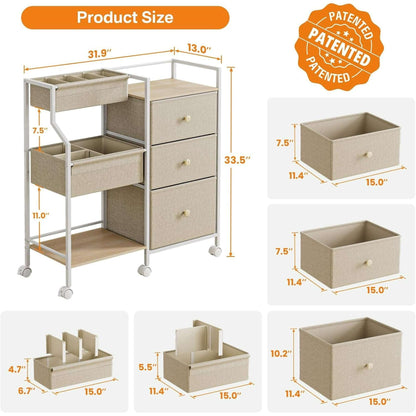 Baby Diaper Organizer and Storage Cart - 3 Tiers with Dividers and Drawers for Nursery, Bedroom, Changing Table and Crib