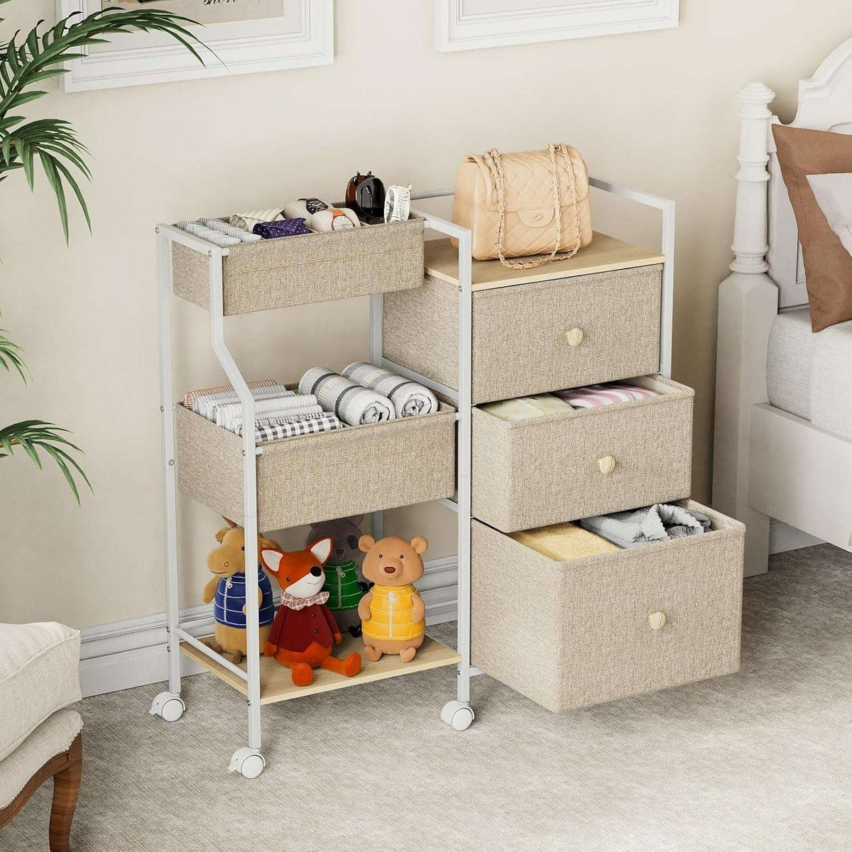 Baby Diaper Organizer and Storage Cart - 3 Tiers with Dividers and Drawers for Nursery, Bedroom, Changing Table and Crib