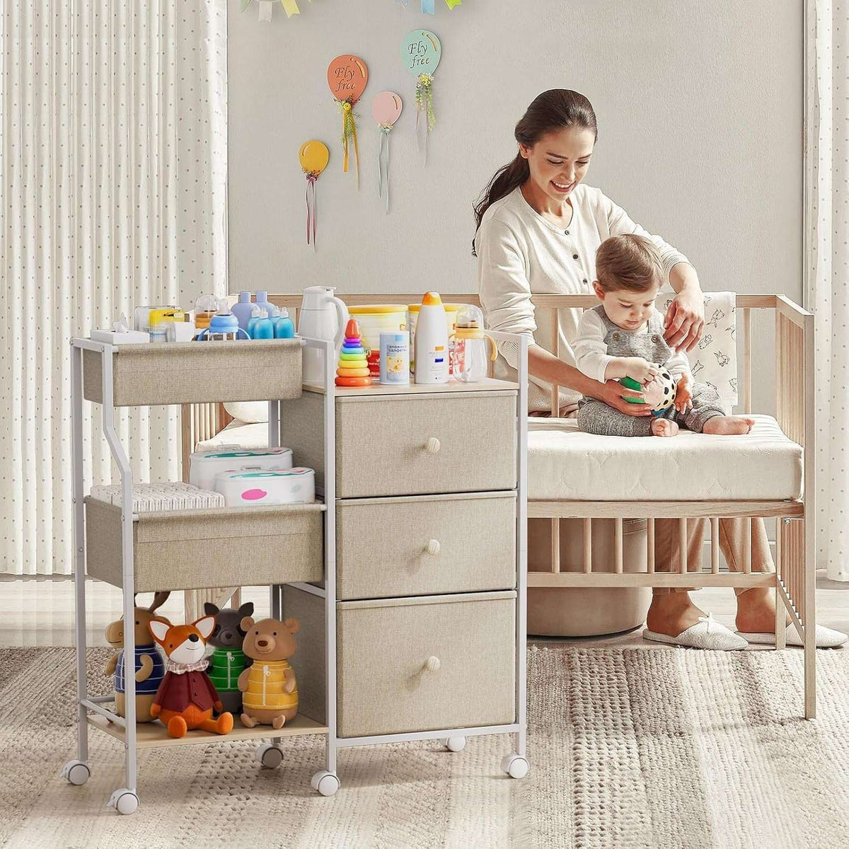 Baby Diaper Organizer and Storage Cart - 3 Tiers with Dividers and Drawers for Nursery, Bedroom, Changing Table and Crib