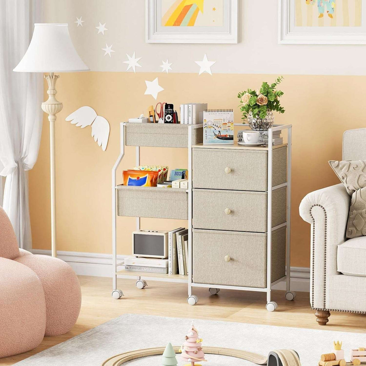 Baby Diaper Organizer and Storage Cart - 3 Tiers with Dividers and Drawers for Nursery, Bedroom, Changing Table and Crib