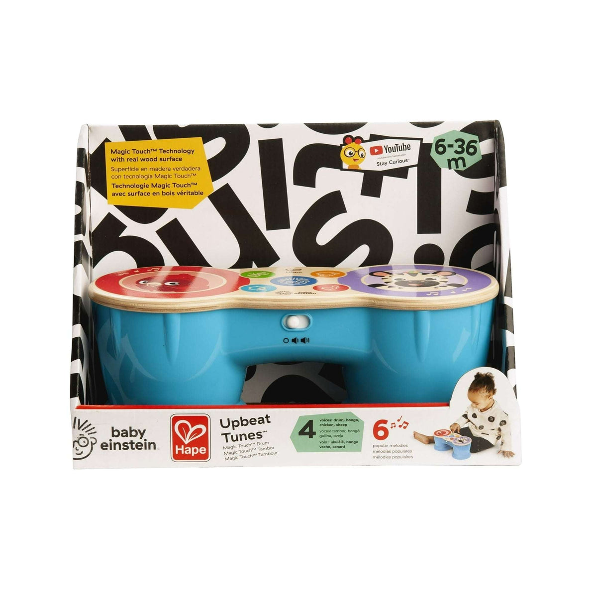 Baby Einstein & Hape Upbeat Tunes Magic Touch Wooden Drums Infant and Toddler Musical Toy, Unisex